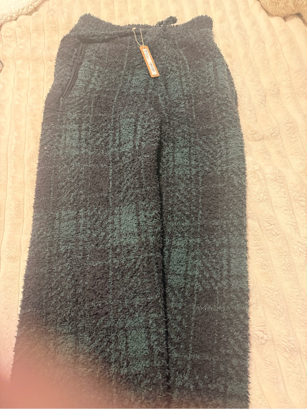 Cozy Plaid Fuzzy Maxi Pants  - Black and Dark Green